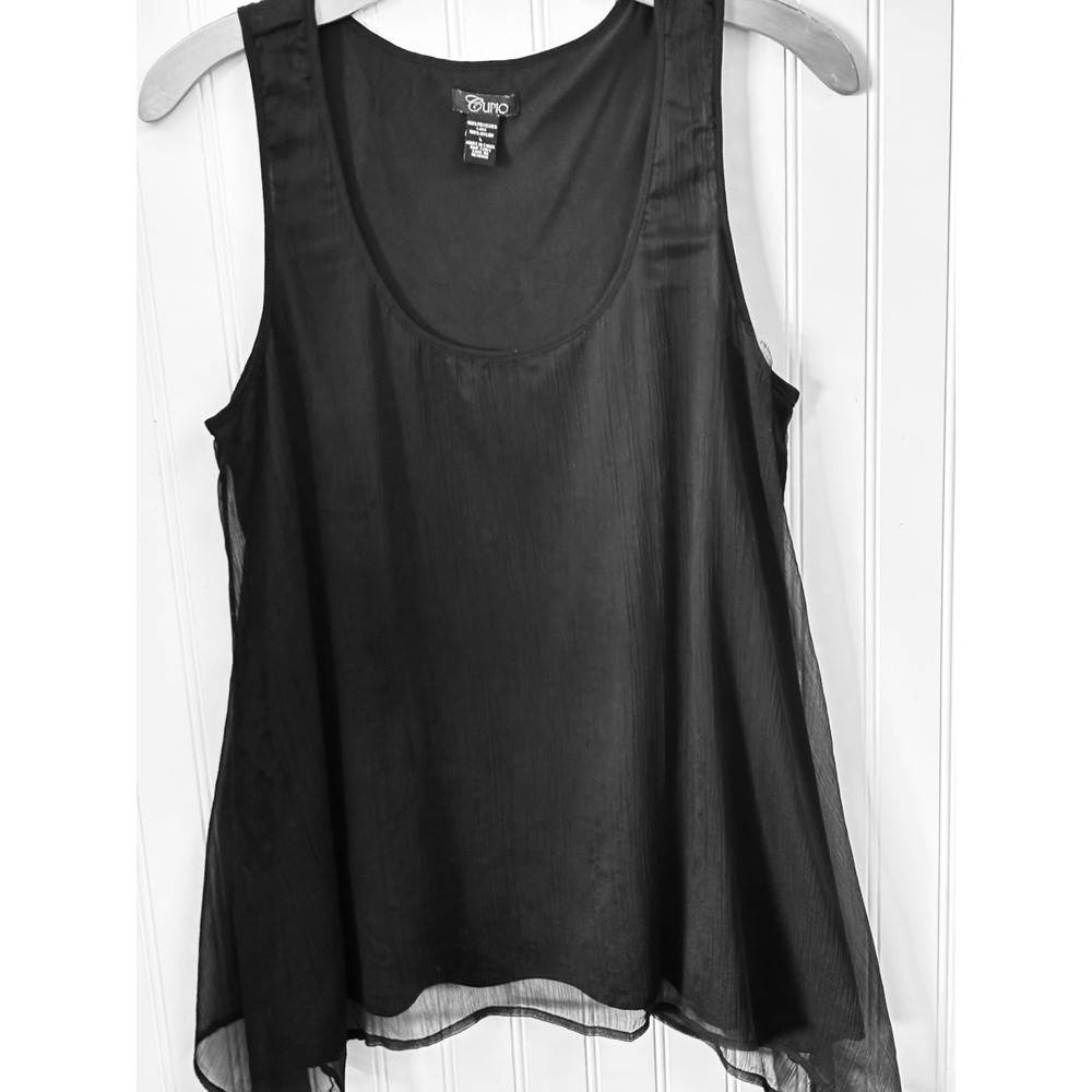 Vtg Cupio Top Tank LG Black Shark Bite Hem Chiffon Lace Panel Black Insert *READ - Picture 5 of 16